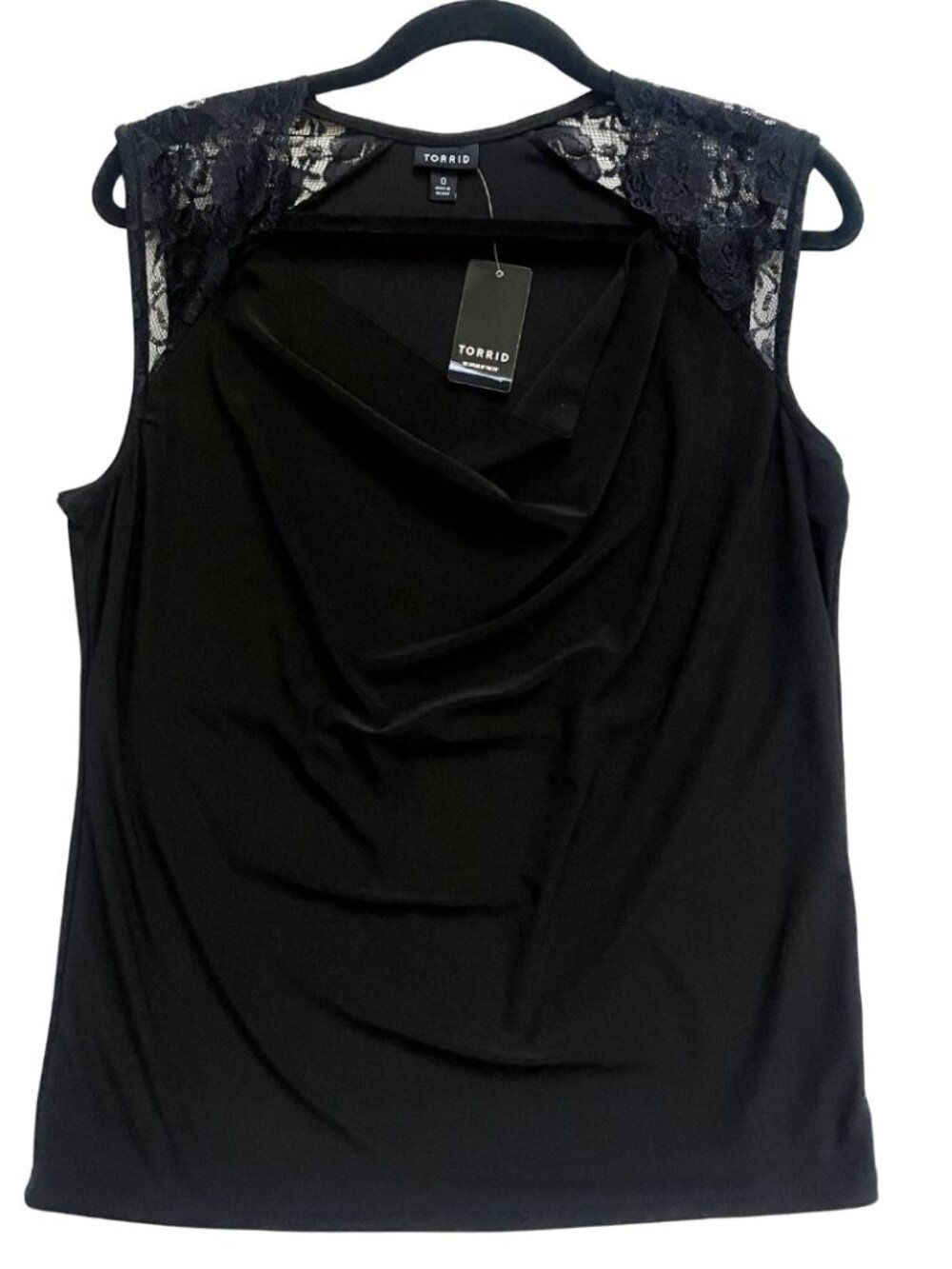 NEW Torrid Lace Shoulder Short Sleeve Black Cowl Neck Blouse Top Size 0 Large